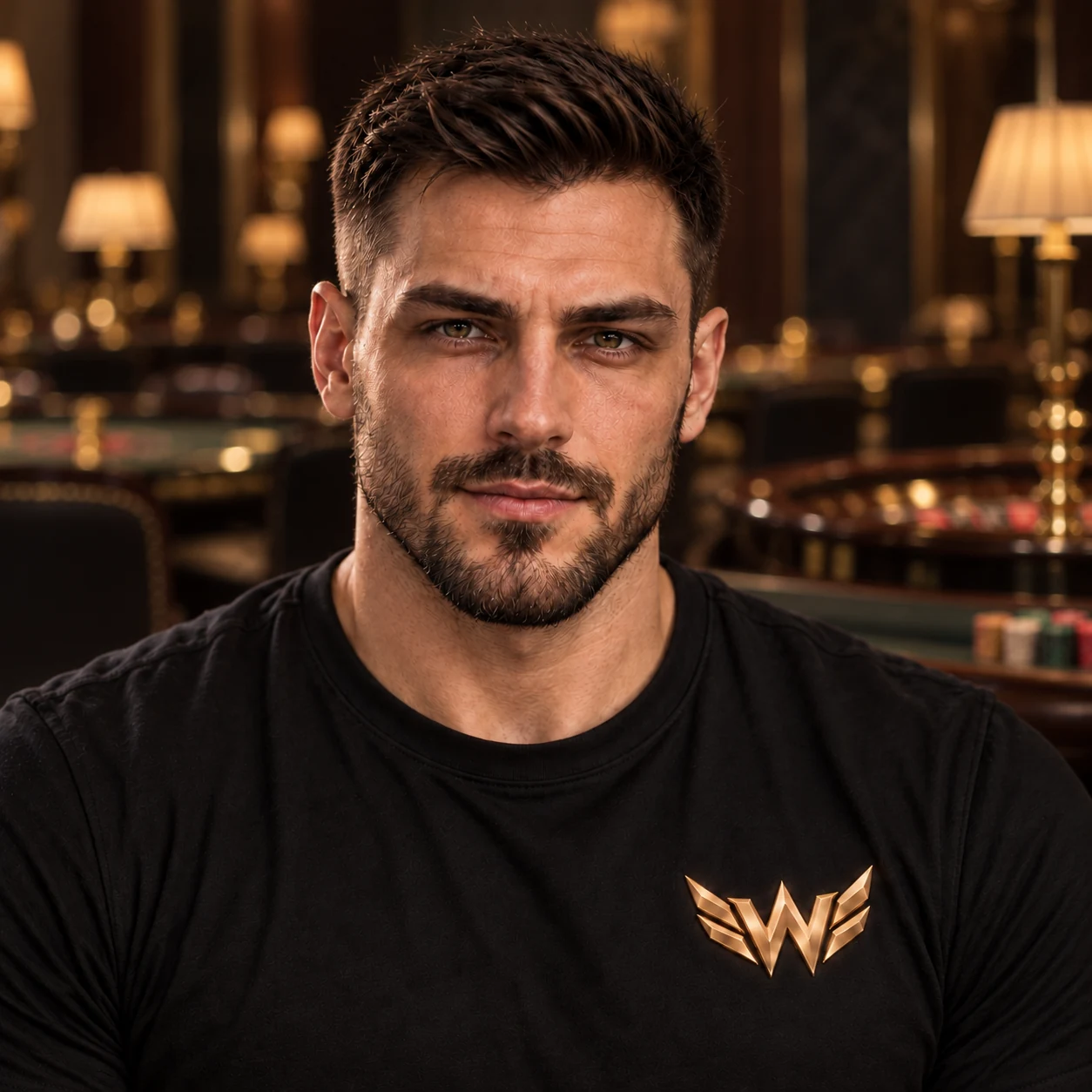 Andrew Bavarskii in a black Winnary T-shirt, with a casino interior behind him